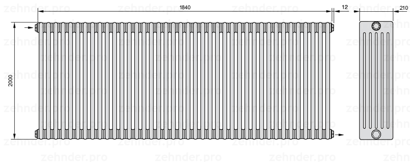 Схема (чертеж) Радиатор Zehnder Charleston 6200/40 №1670 Белый глянцевый RAL 9016